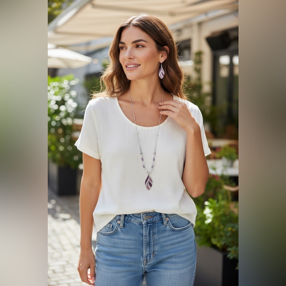 Purple Leaf Pendant Necklace and Drop Earring Set - Women's Jewelry